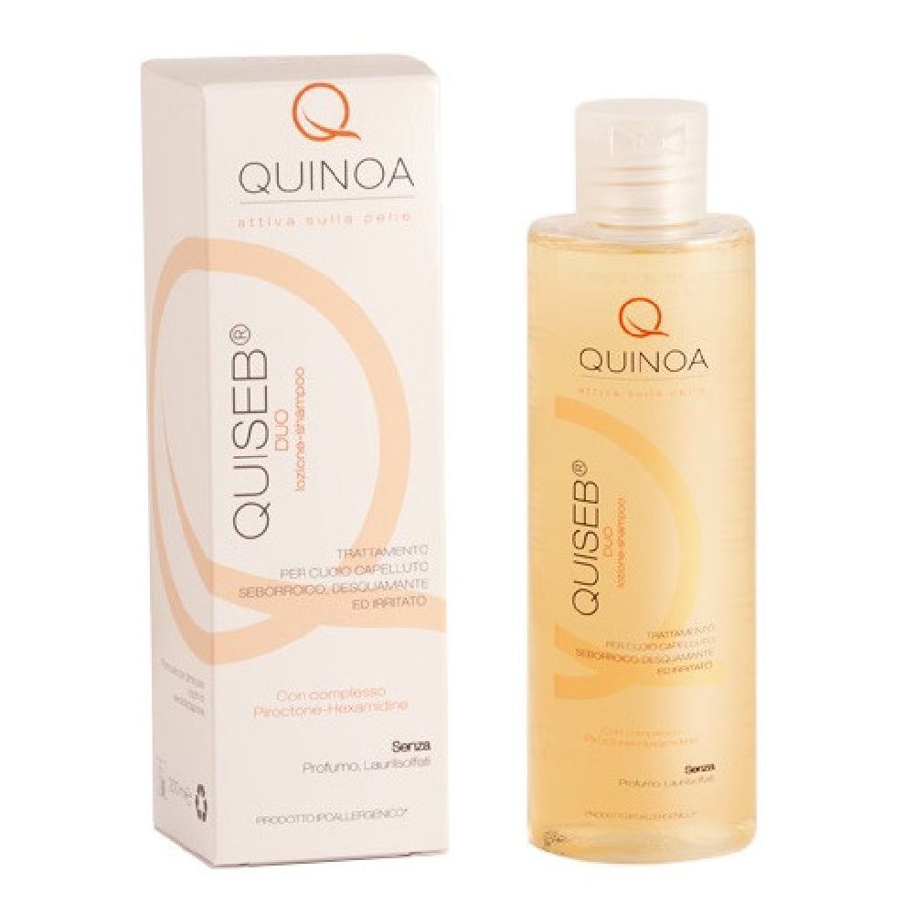 Quiseb Duo Lozione Shampoo, flacone e confezione. Scritta: Quinoa, Q, Quiseb Duo, Lozione Shampoo.