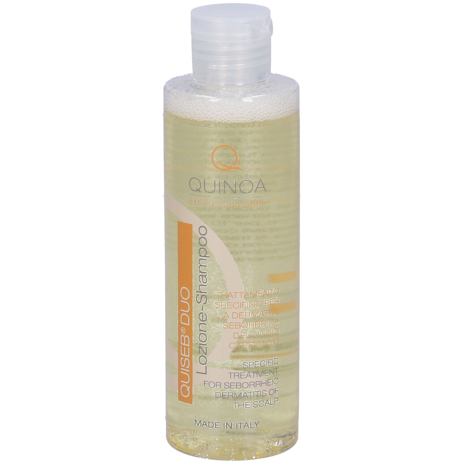 Quiseb Duo Lozione Shampoo, flacone. Scritta: Quinoa, Q, Quiseb Duo, Lozione Shampoo. Made in Italy.