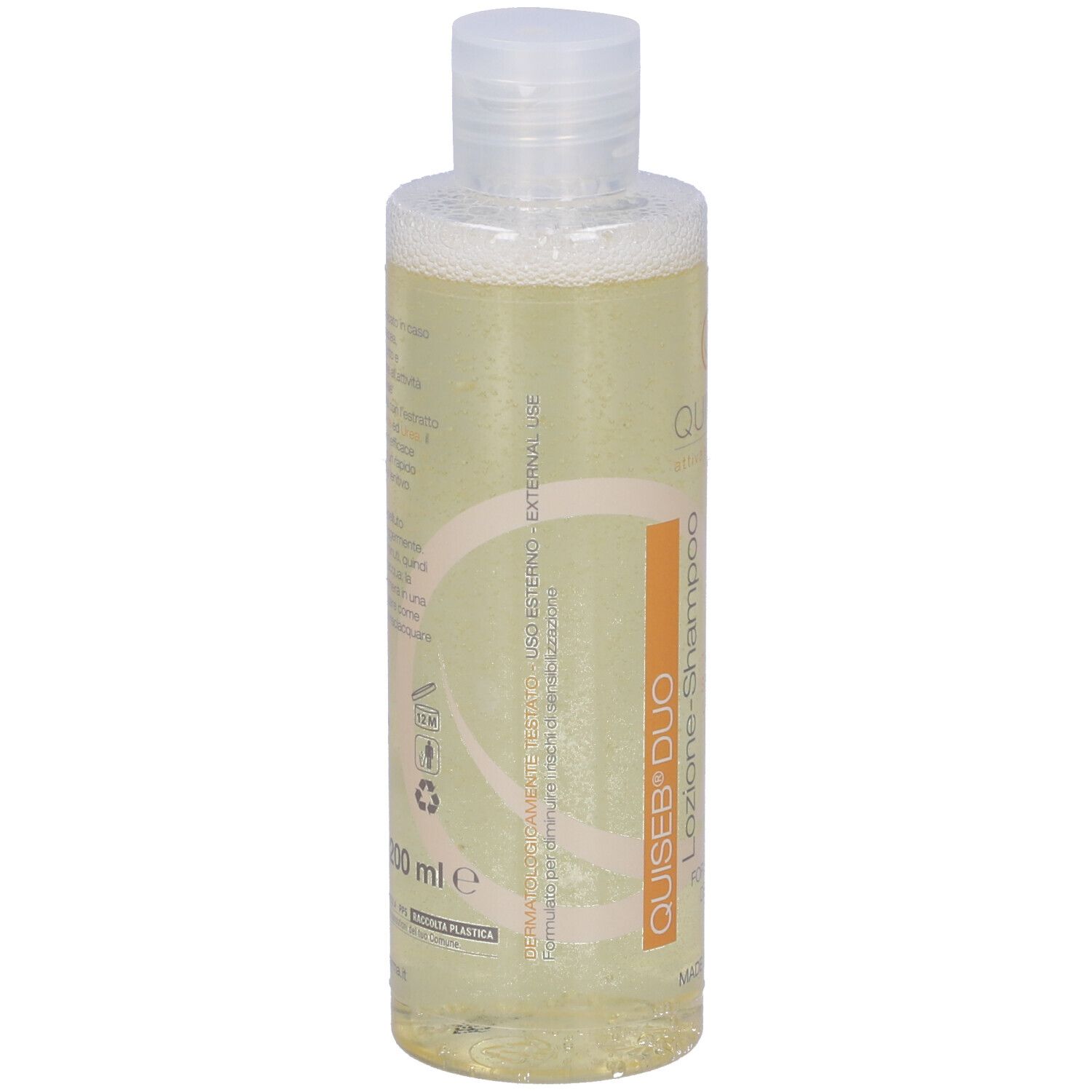 Quiseb Duo Lozione Shampoo, flacone. Scritta: Quinoa, Q, Quiseb Duo, Lozione Shampoo. 200 ml.