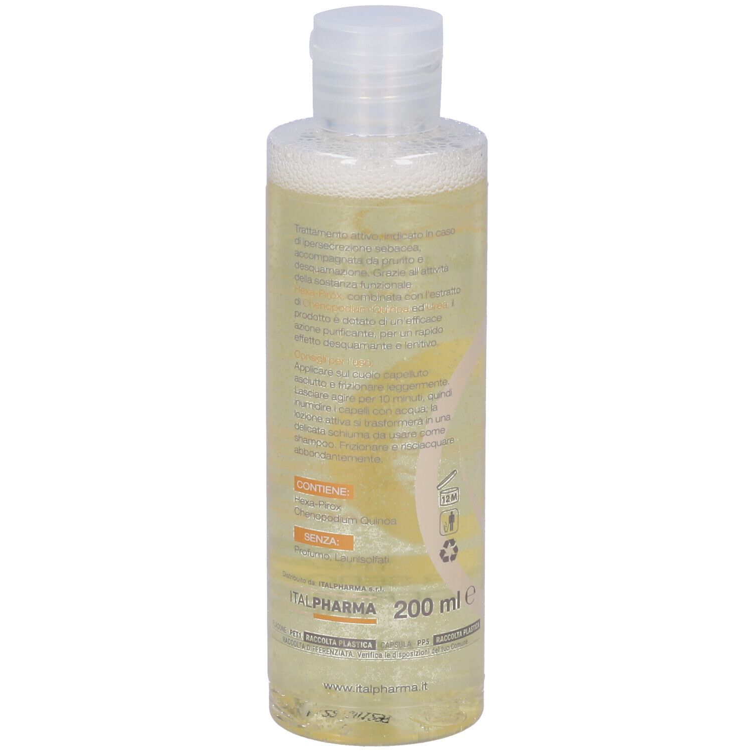 Quiseb Duo Lozione Shampoo, flacone. Scritta: Quinoa, Q, Quiseb Duo, Lozione Shampoo. 200 ml.