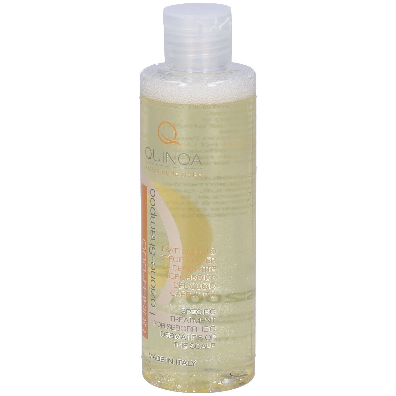 Quiseb Duo Lozione Shampoo, flacone. Scritta: Quinoa, Q, Quiseb Duo, Lozione Shampoo. Made in Italy.