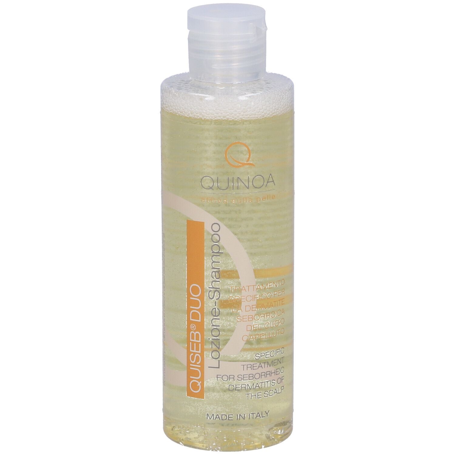 Quiseb Duo Lozione Shampoo, flacone. Scritta: Quinoa, Q, Quiseb Duo, Lozione Shampoo. Made in Italy.