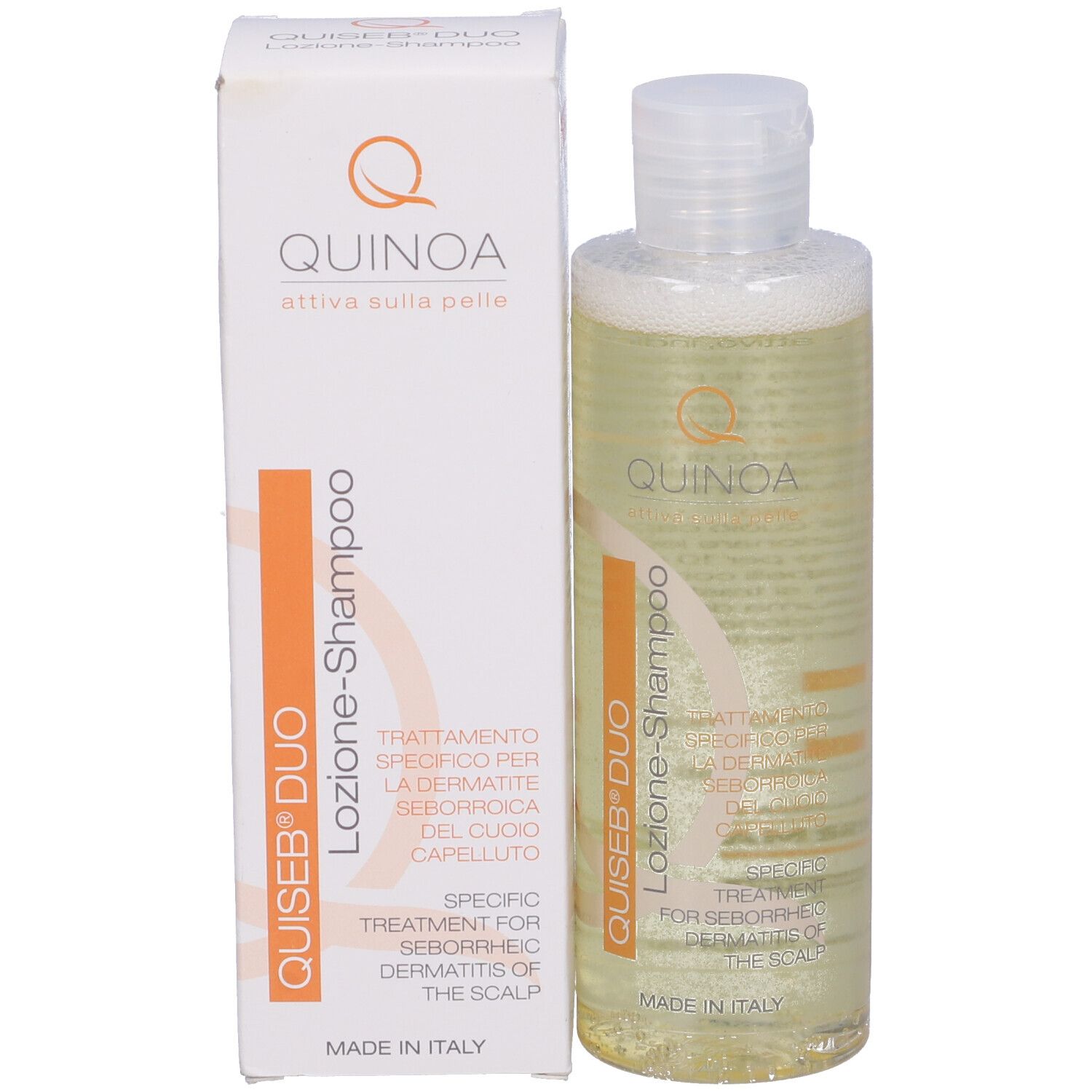 Quiseb Duo Lozione Shampoo, flacone e confezione. Scritta: Quinoa, Q, Quiseb Duo, Lozione Shampoo.