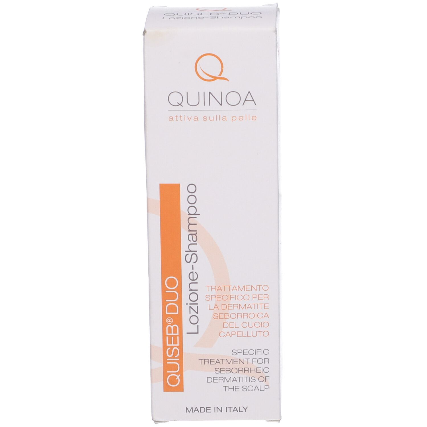 Quiseb Duo Lozione Shampoo, confezione. Scritta: Quinoa, Q, Quiseb Duo, Lozione Shampoo.