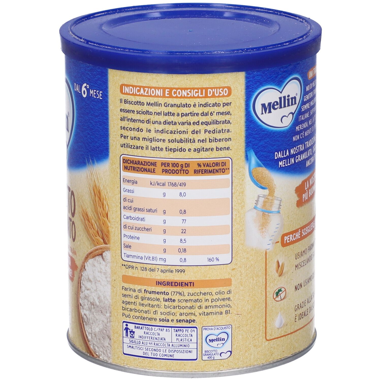 Rückseite der Mellin Biscotto Granulato Dose. Gebrauchsanweisung, Nährwertangaben und Inhaltsstoffe.