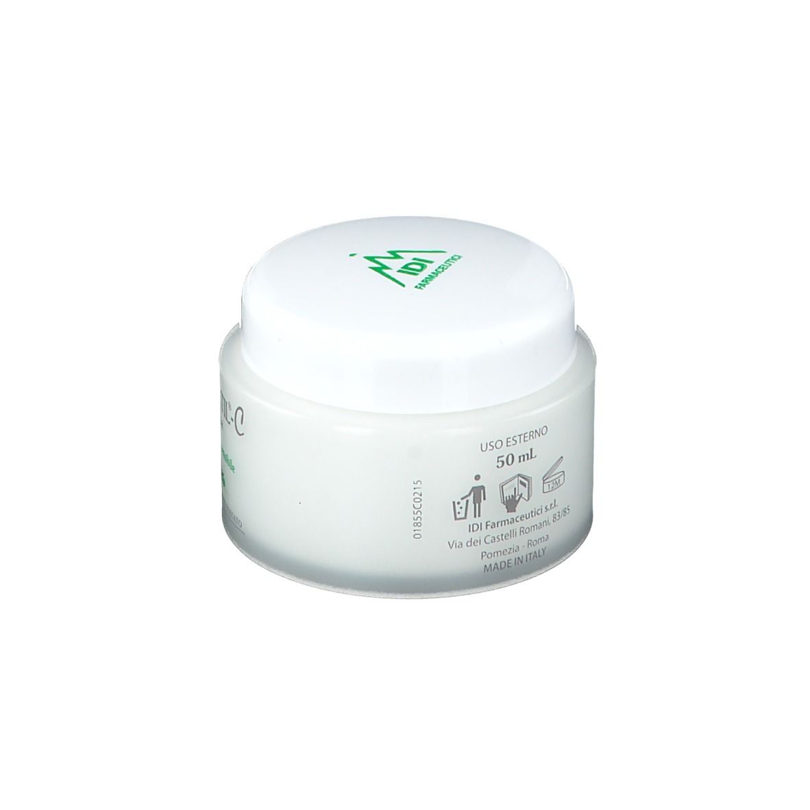 Vasetto di crema bianco con coperchio verde. Scritta: Decortil-C Crema. Per pelli molto sensibili. Dermatologicamente testato.