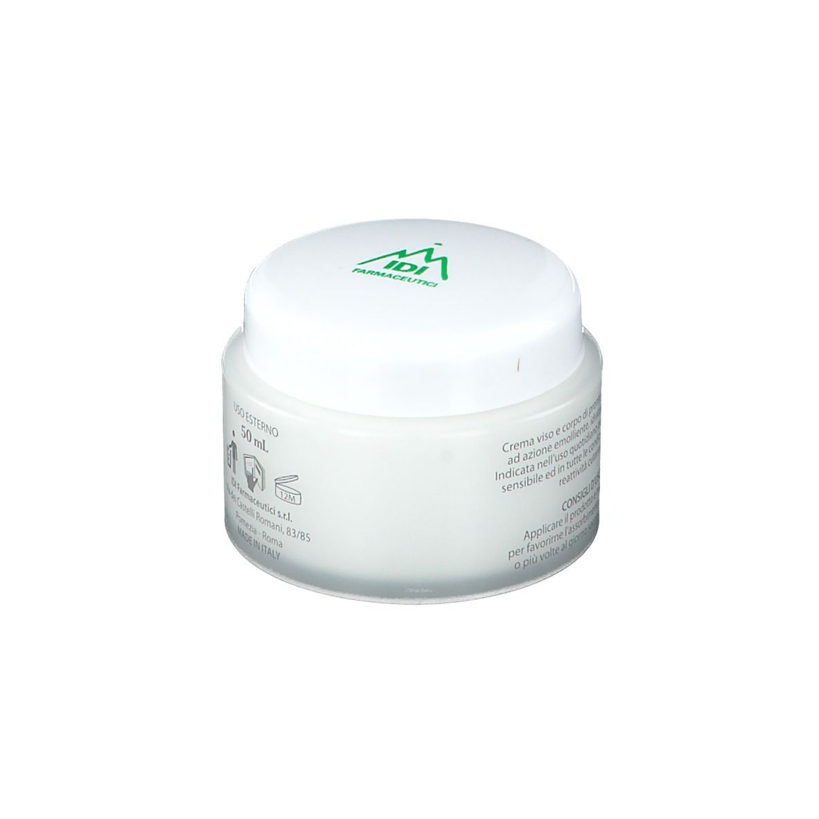 Vasetto di crema bianco con coperchio verde. Scritta: Decortil-C Crema. Per pelli molto sensibili. Dermatologicamente testato.