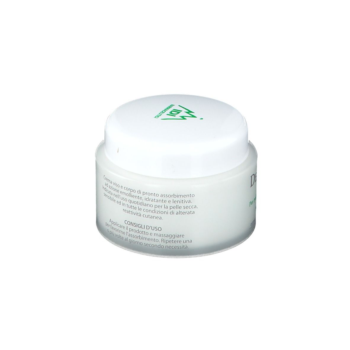 Vasetto di crema bianco con coperchio verde. Scritta: Decortil-C Crema. Per pelli molto sensibili. Dermatologicamente testato.