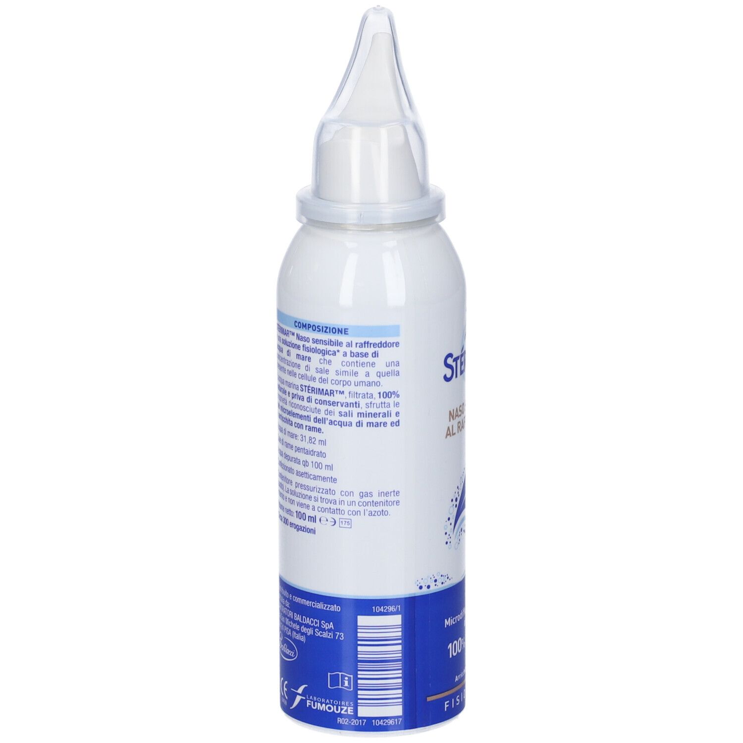 Sterimar Nasenspray-Flasche mit Applikator, Delfin-Logo und Wellenmuster.