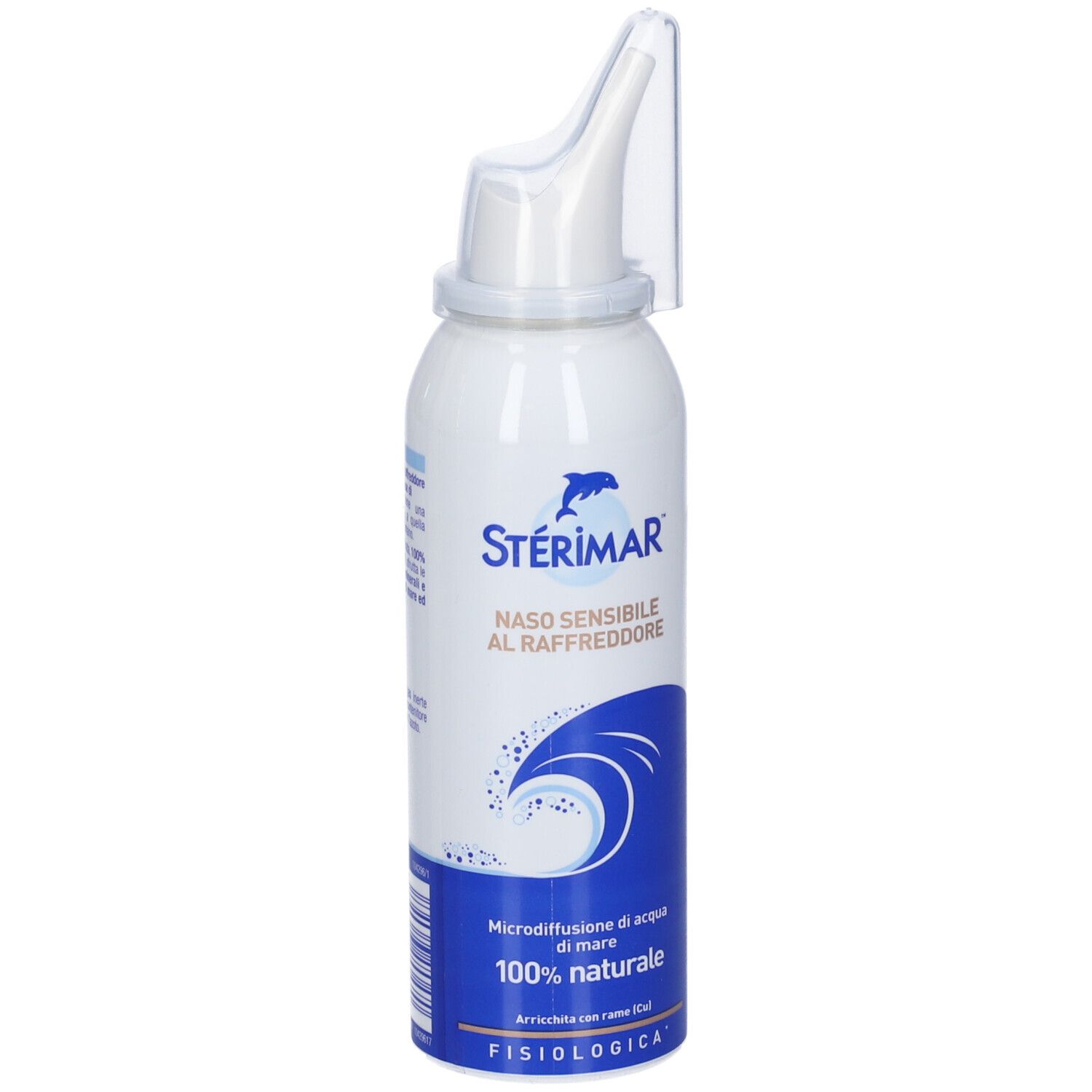 Sterimar Nasenspray-Flasche mit Applikator, Delfin-Logo und Wellenmuster.