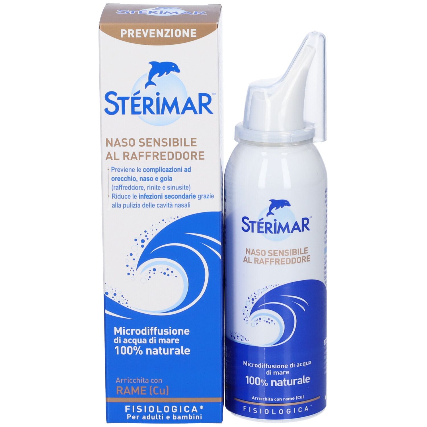 Sterimar Nasenspray-Flasche mit Applikator, Delfin-Logo und Wellenmuster.