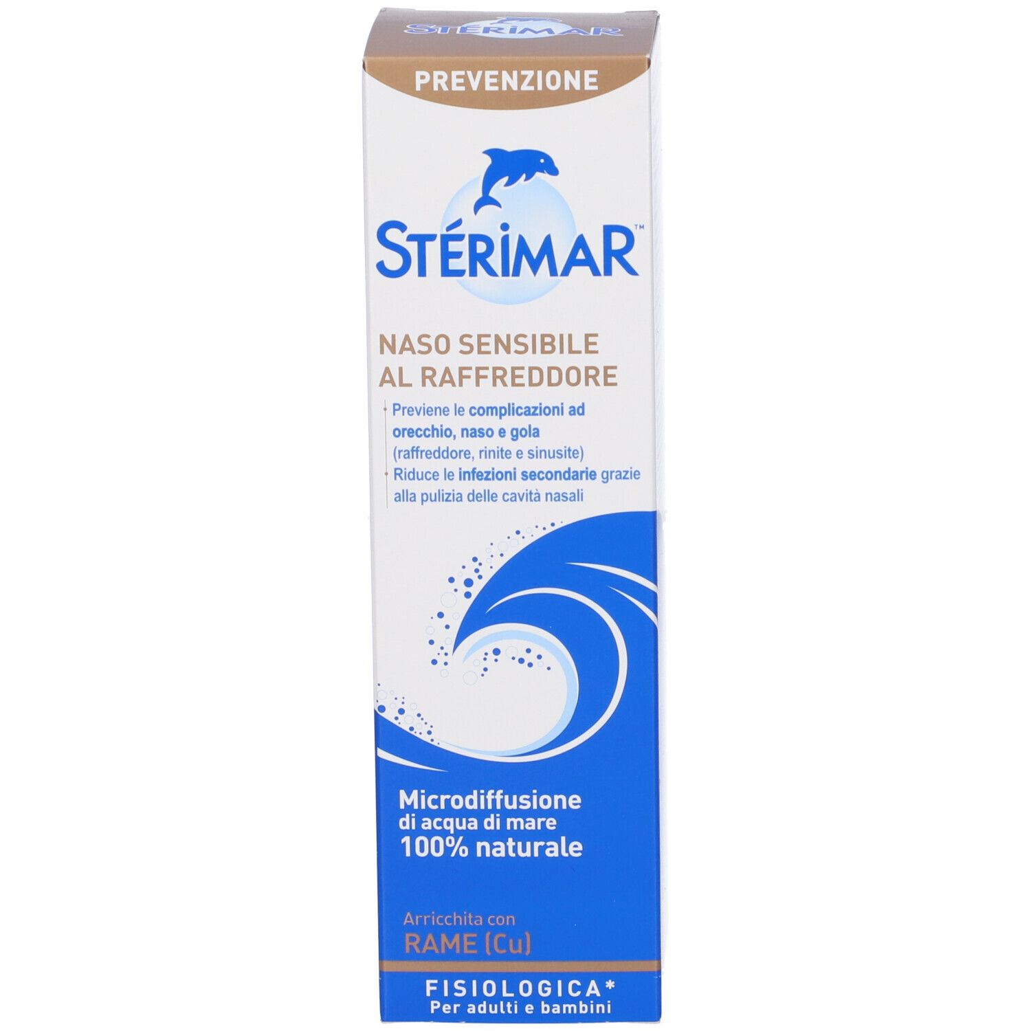 Sterimar Nasenspray-Flasche mit Applikator, Delfin-Logo und Wellenmuster.