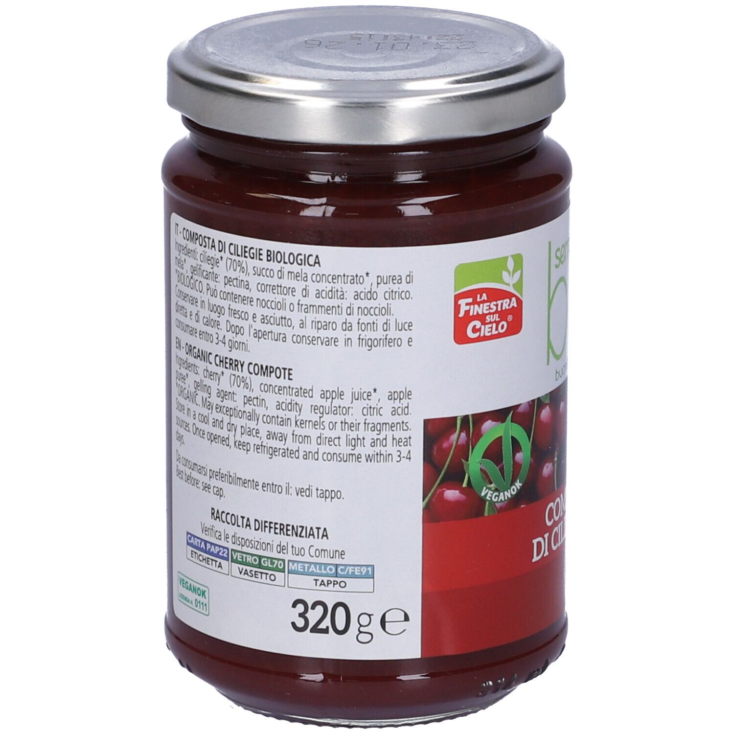Retro del vasetto di composta di ciliegie. Testo: ingredienti, valori nutrizionali, marchio bio, vegano, 320g.