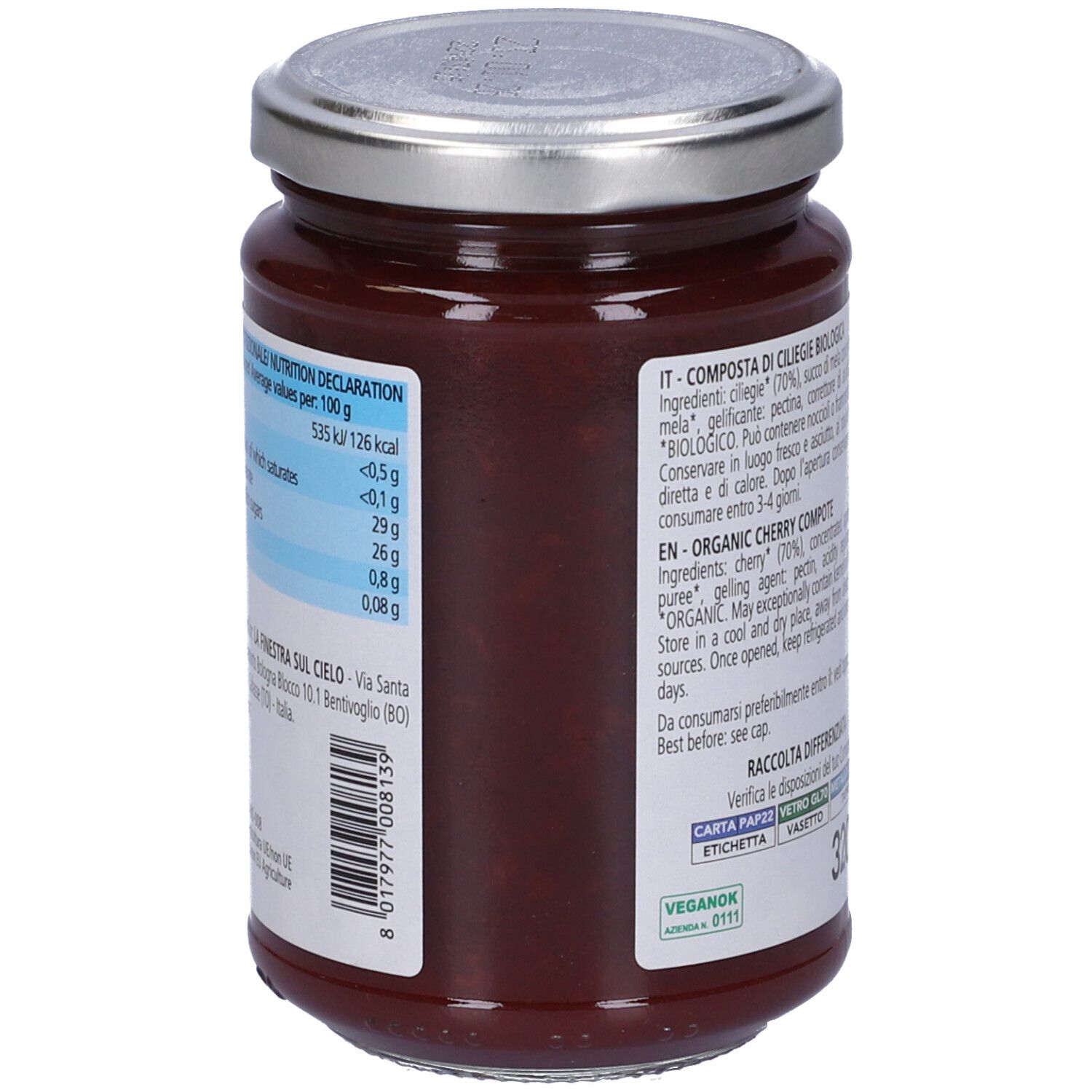 Retro del vasetto di composta di ciliegie. Testo: valori nutrizionali, marchio bio, vegano, 320g.