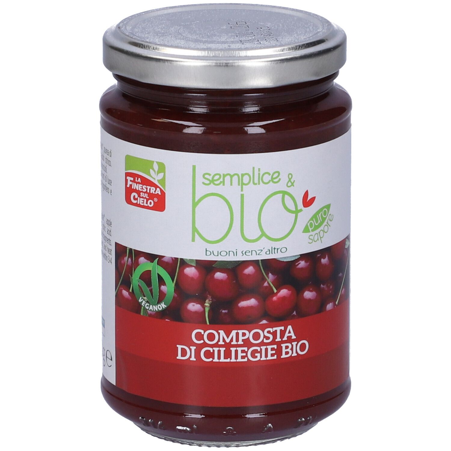 Vasetto di composta di ciliegie. Etichetta con ciliegie, testo: Composta di Ciliegie Bio, marchio bio, vegano.