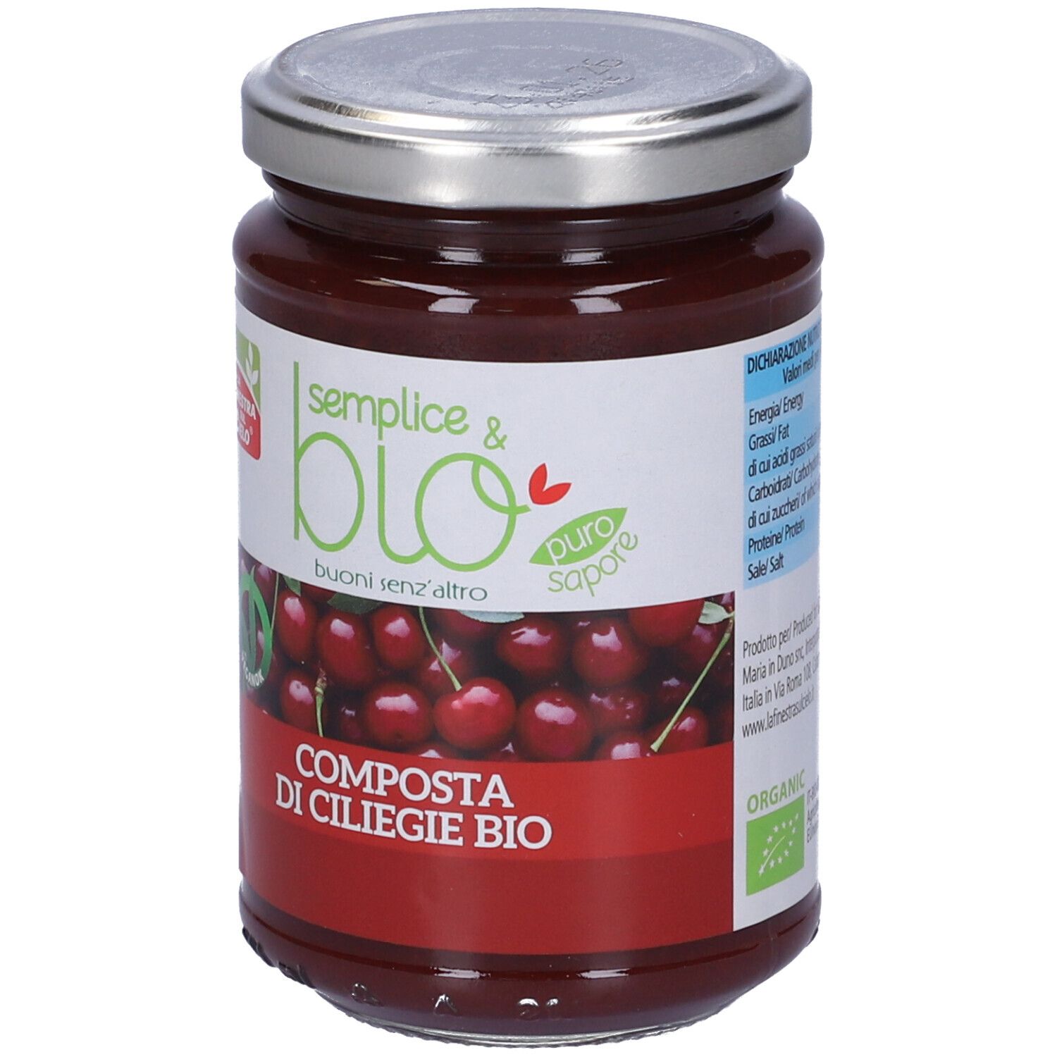Vasetto di composta di ciliegie. Etichetta con ciliegie, testo: Composta di Ciliegie Bio, marchio bio, vegano.