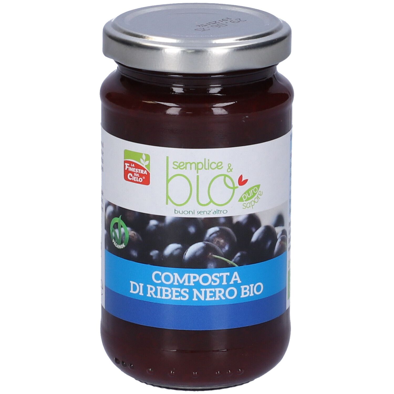 Vasetto di confettura di ribes nero. Etichetta con nome prodotto e logo. Rappresentazione di ribes neri.