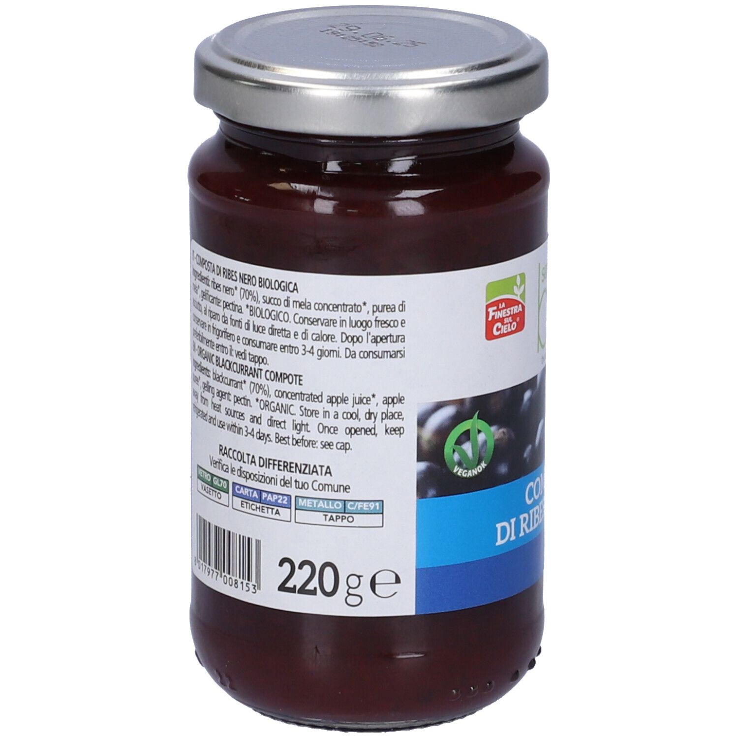 Retro del vasetto di confettura di ribes nero. Etichetta con ingredienti, valori nutrizionali e logo.