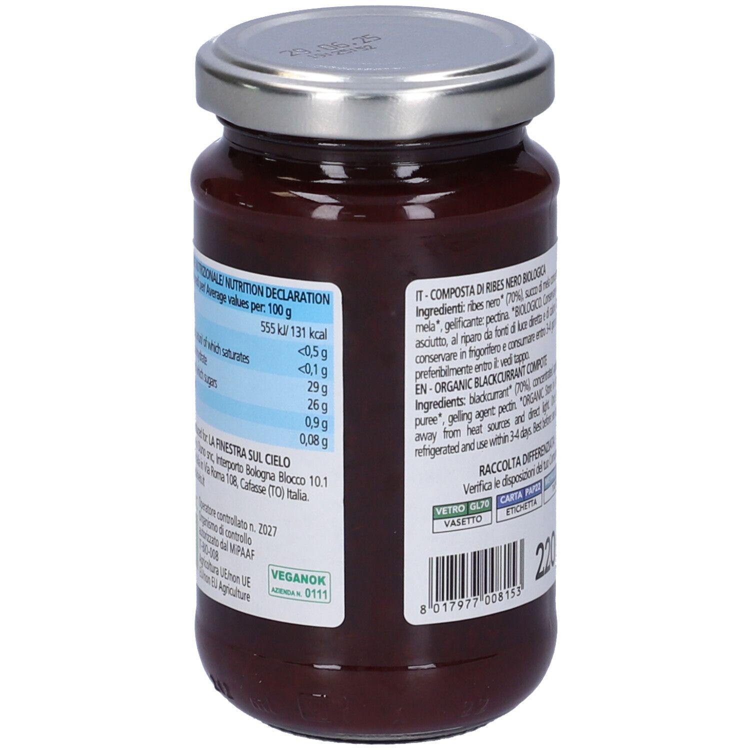 Retro del vasetto di confettura di ribes nero. Etichetta con valori nutrizionali e logo.