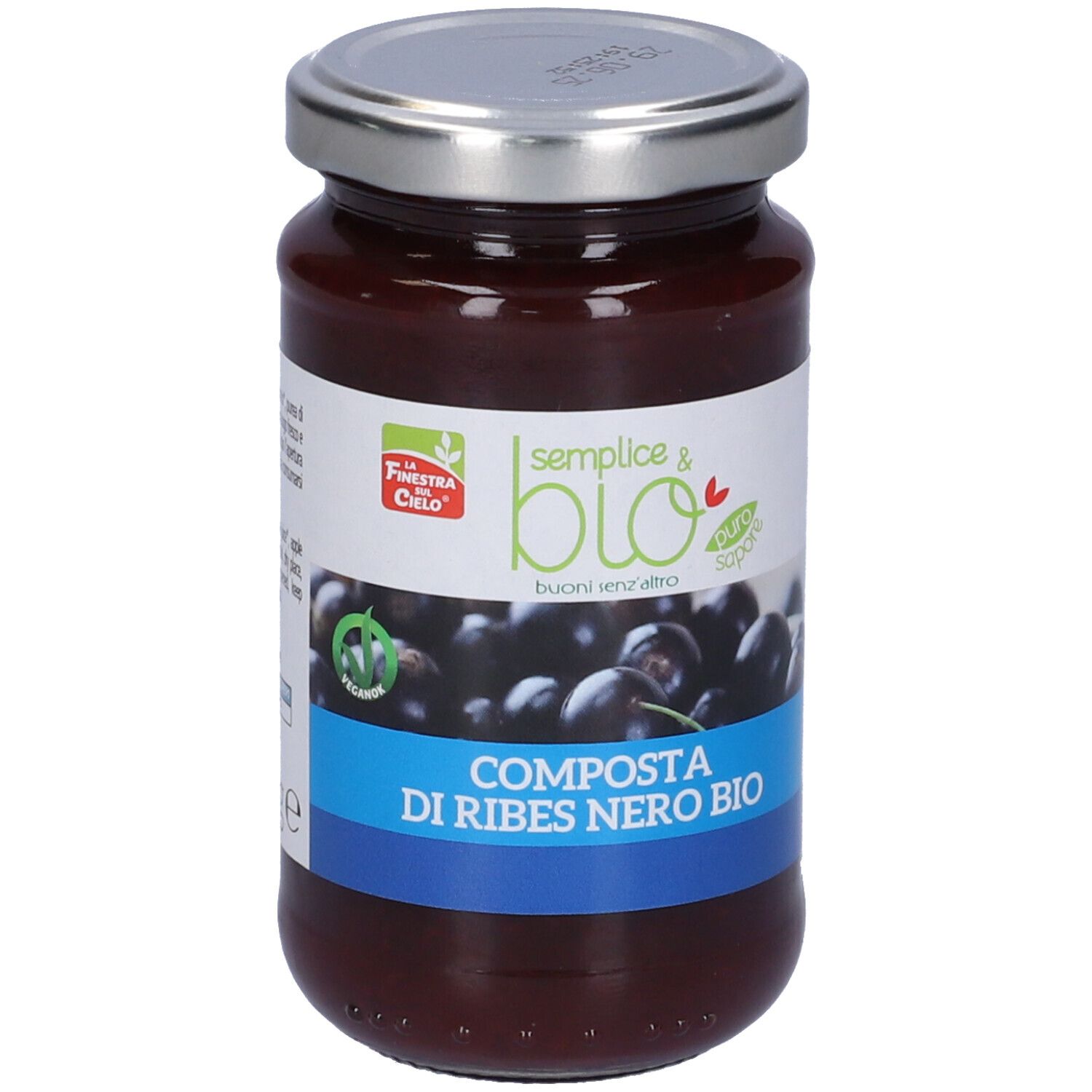 Vasetto di confettura di ribes nero. Etichetta con nome prodotto e logo. Rappresentazione di ribes neri.
