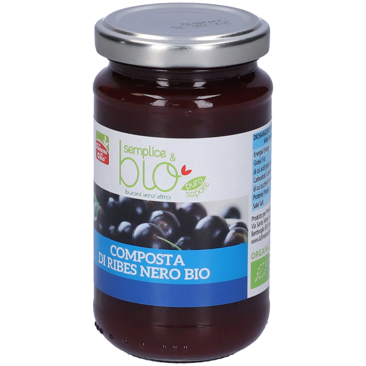 Vasetto di confettura di ribes nero. Etichetta con nome prodotto e logo. Rappresentazione di ribes neri.