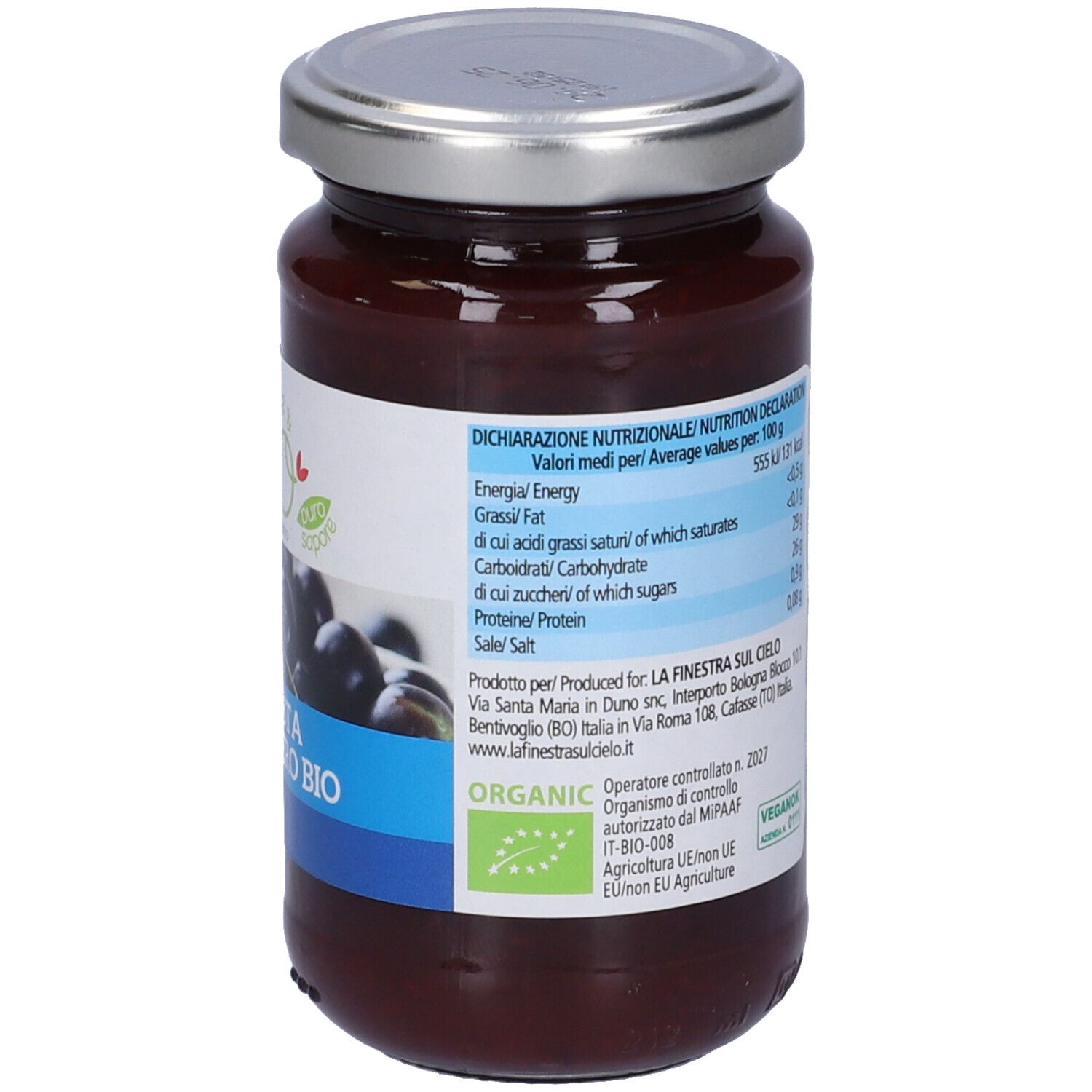 Retro del vasetto di confettura di ribes nero. Etichetta con valori nutrizionali e logo.