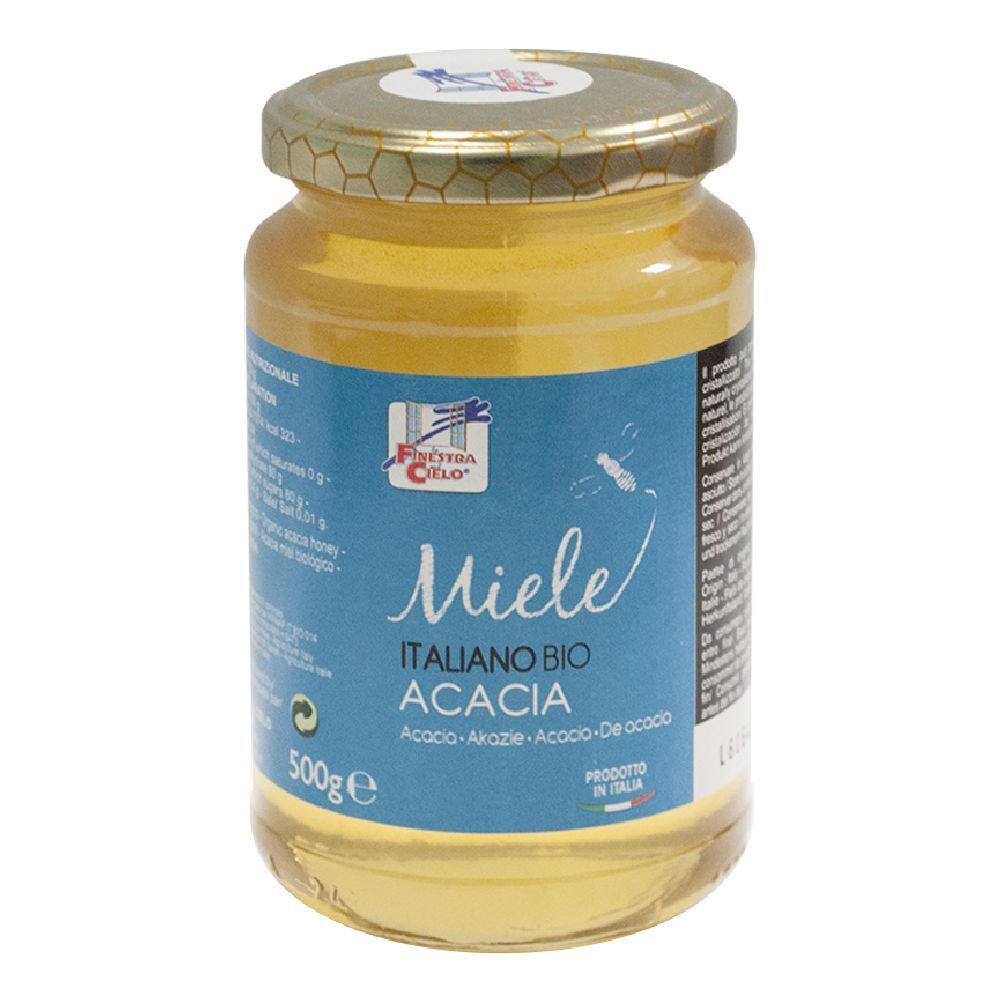 Vasetto di miele. Etichetta 'Miele Italiano Bio Acacia'. 500g. Coperchio dorato.