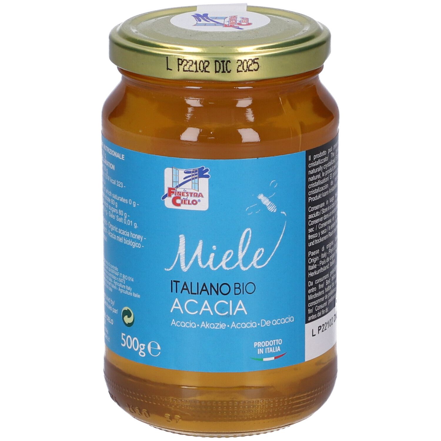 Vasetto di miele con etichetta. Scritta 'Miele Italiano Bio Acacia'. 500g. Coperchio dorato con stampa.