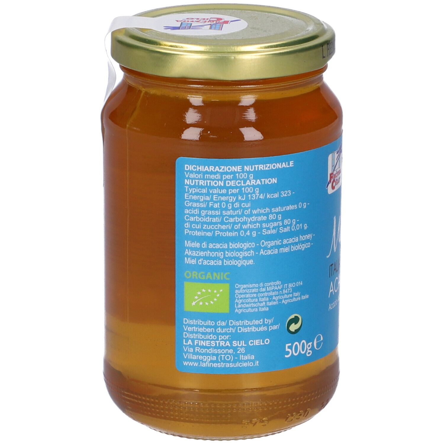 Vasetto di miele con etichetta. Scritta 'Miele Italiano Bio Acacia'. 500g. Sigillo bio. Coperchio dorato.