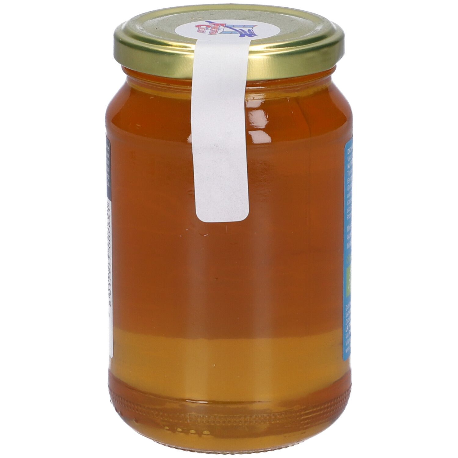 Vasetto di miele con etichetta. Scritta 'Miele Italiano Bio Acacia'. 500g. Coperchio dorato. Etichetta bianca.