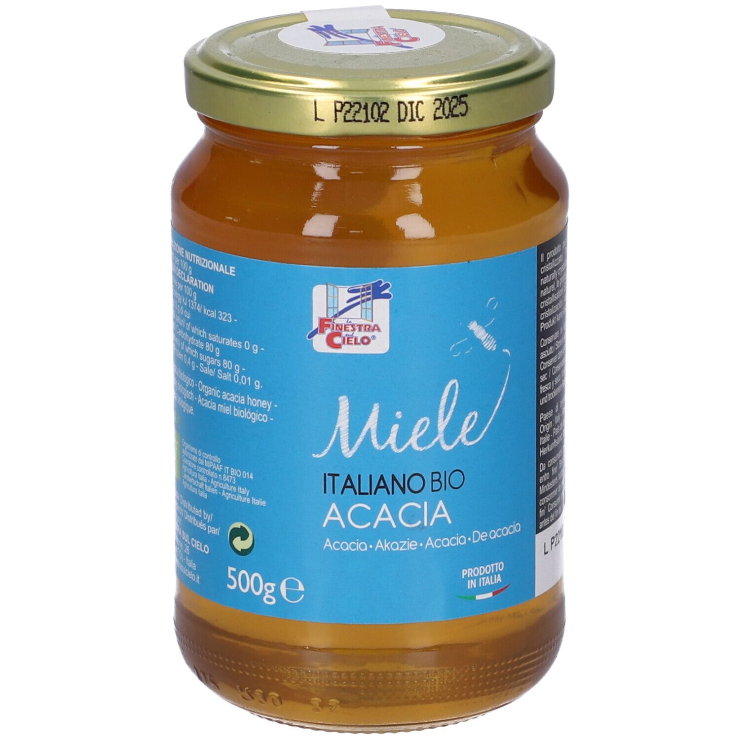 Vasetto di miele con etichetta. Scritta 'Miele Italiano Bio Acacia'. 500g. Coperchio dorato con stampa.