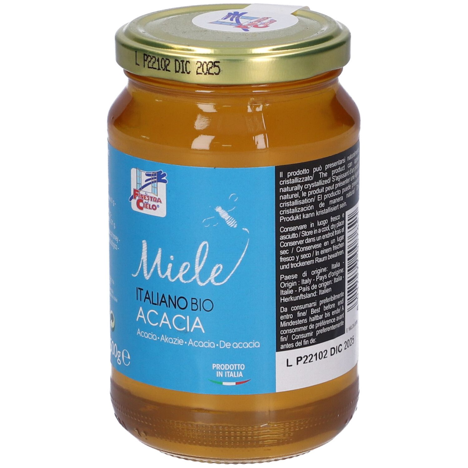 Vasetto di miele con etichetta. Scritta 'Miele Italiano Bio Acacia'. 500g. Coperchio dorato con stampa.
