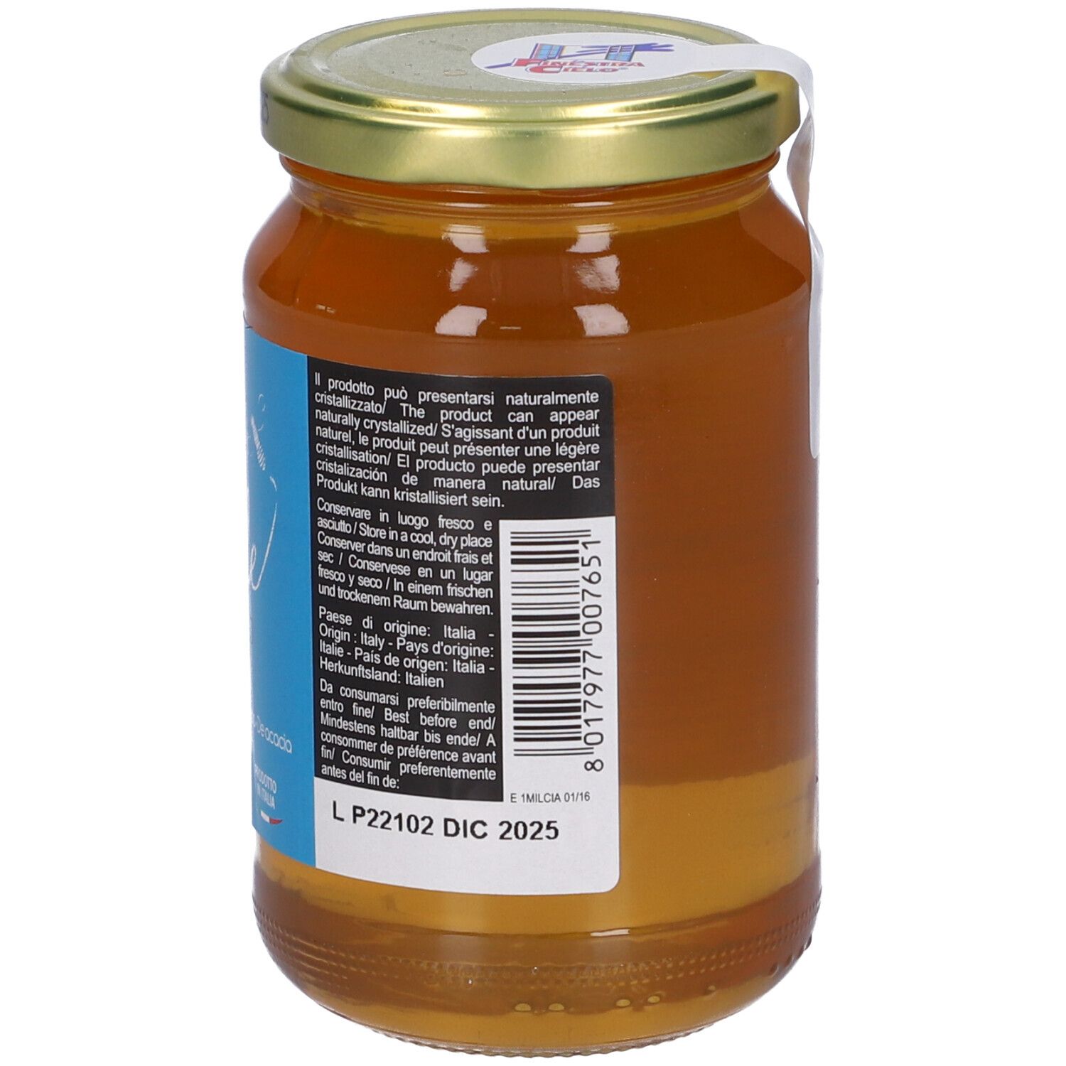 Vasetto di miele con etichetta. Scritta 'Miele Italiano Bio Acacia'. 500g. Coperchio dorato con stampa.