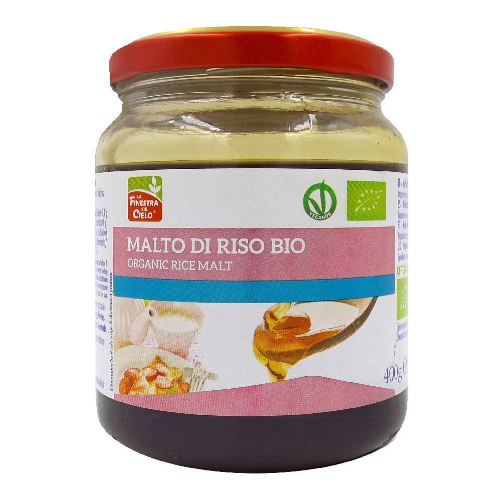 Vasetto di vetro con coperchio rosso. Scritta: Malto di Riso Bio, Organic Rice Malt. Sigillo bio.
