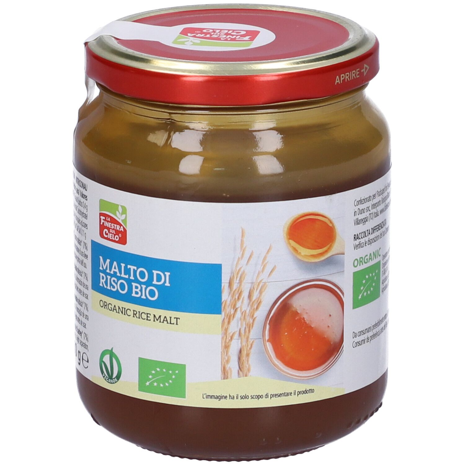 Vasetto di vetro con coperchio rosso. Scritta: Malto di Riso Bio, Organic Rice Malt. Sigillo bio.