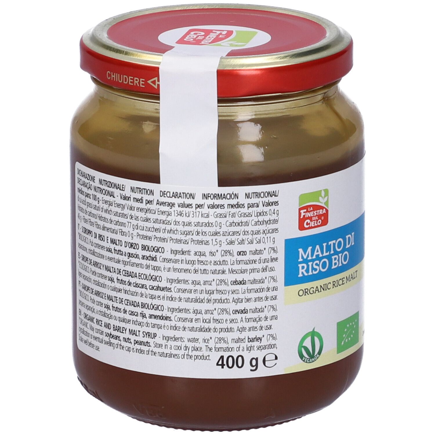 Vasetto di vetro con coperchio rosso. Scritta: Malto di Riso Bio, Organic Rice Malt. Sigillo bio.