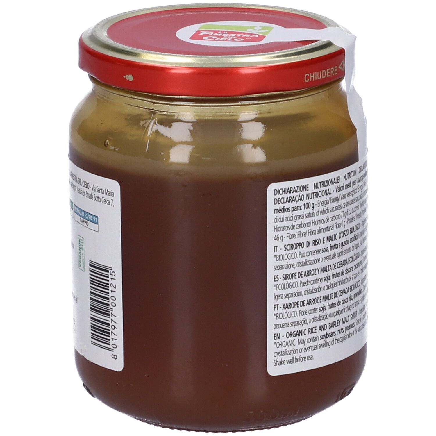 Vasetto di vetro con coperchio rosso. Scritta: Malto di Riso Bio, Organic Rice Malt. Sigillo bio.