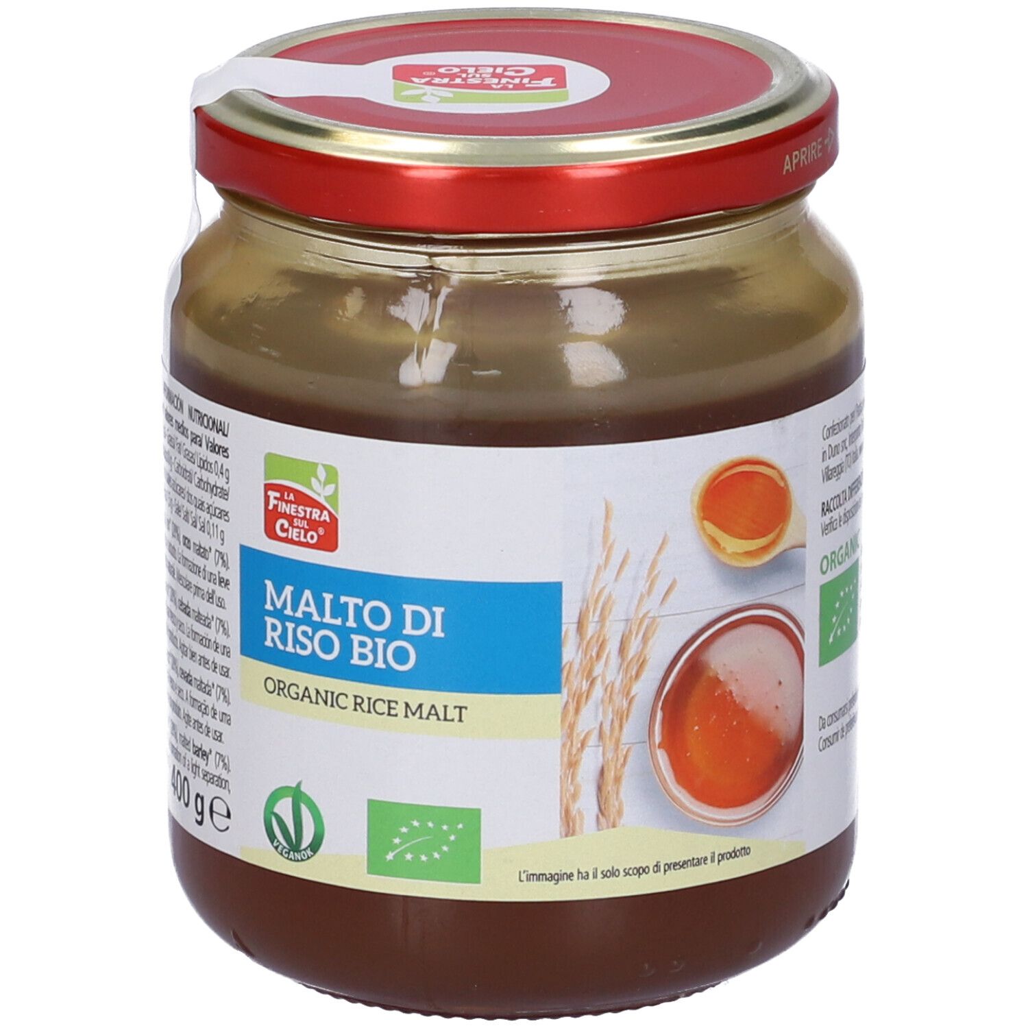 Vasetto di vetro con coperchio rosso. Scritta: Malto di Riso Bio, Organic Rice Malt. Sigillo bio.