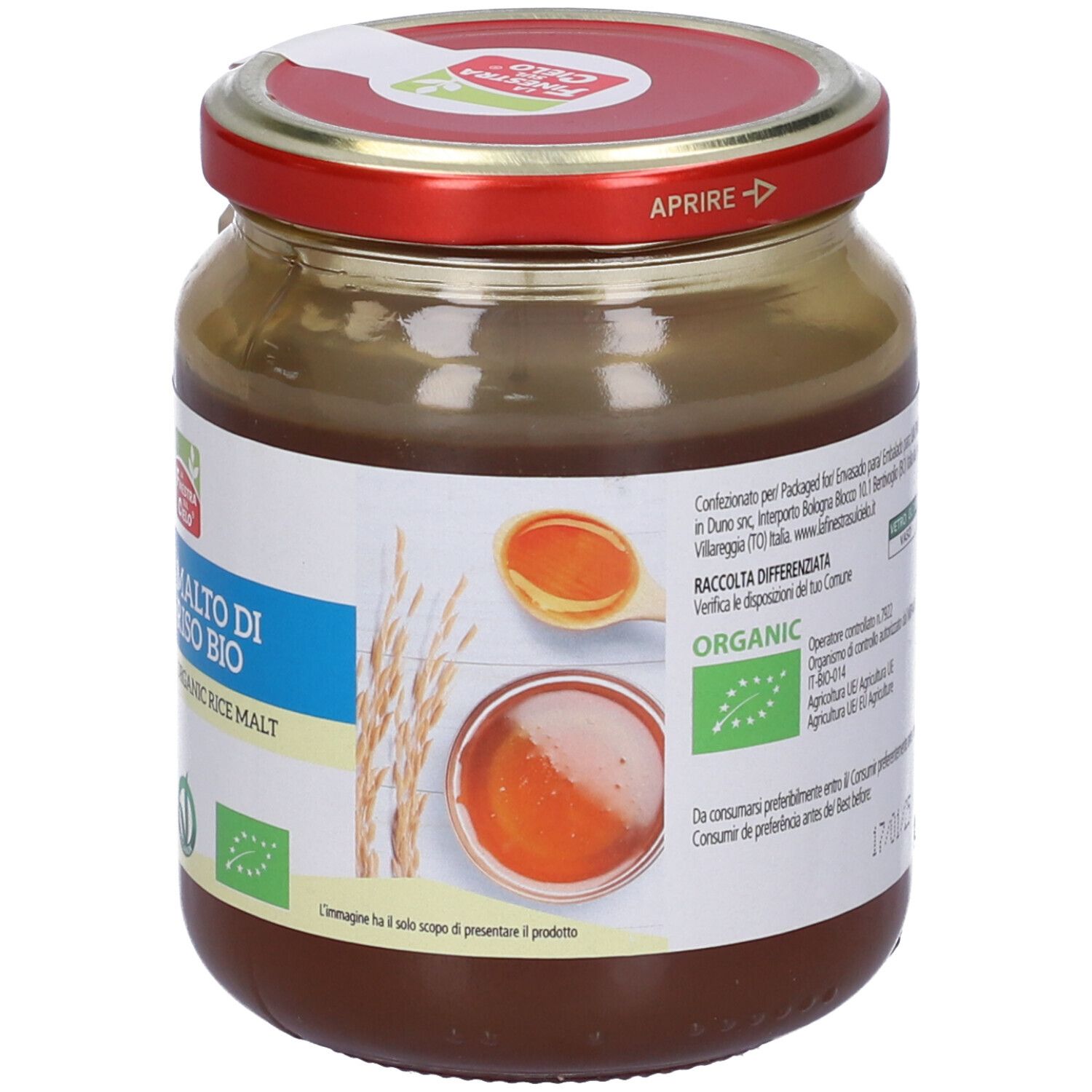 Vasetto di vetro con coperchio rosso. Scritta: Malto di Riso Bio, Organic Rice Malt. Sigillo bio.