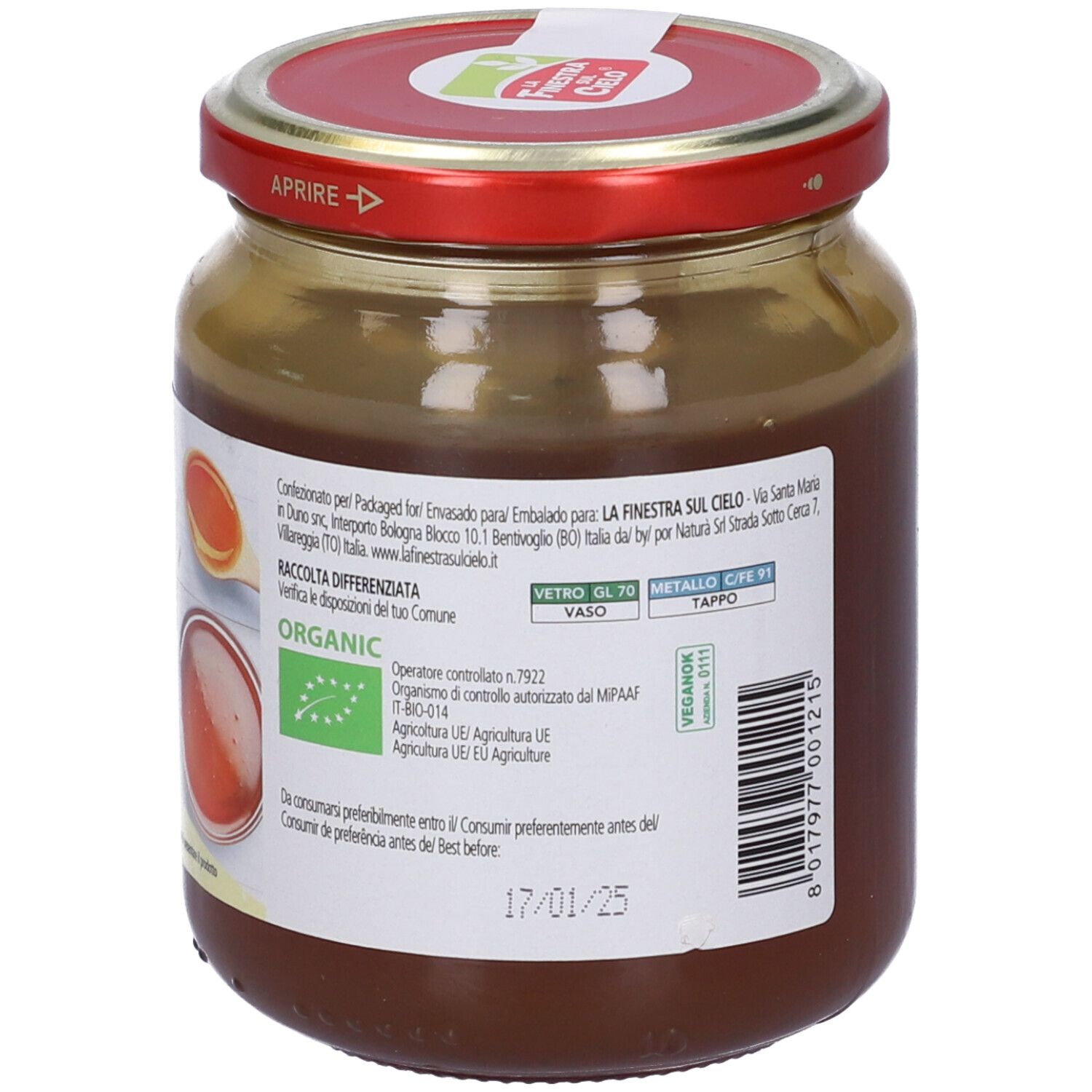 Vasetto di vetro con coperchio rosso. Scritta: Malto di Riso Bio, Organic Rice Malt. Sigillo bio.