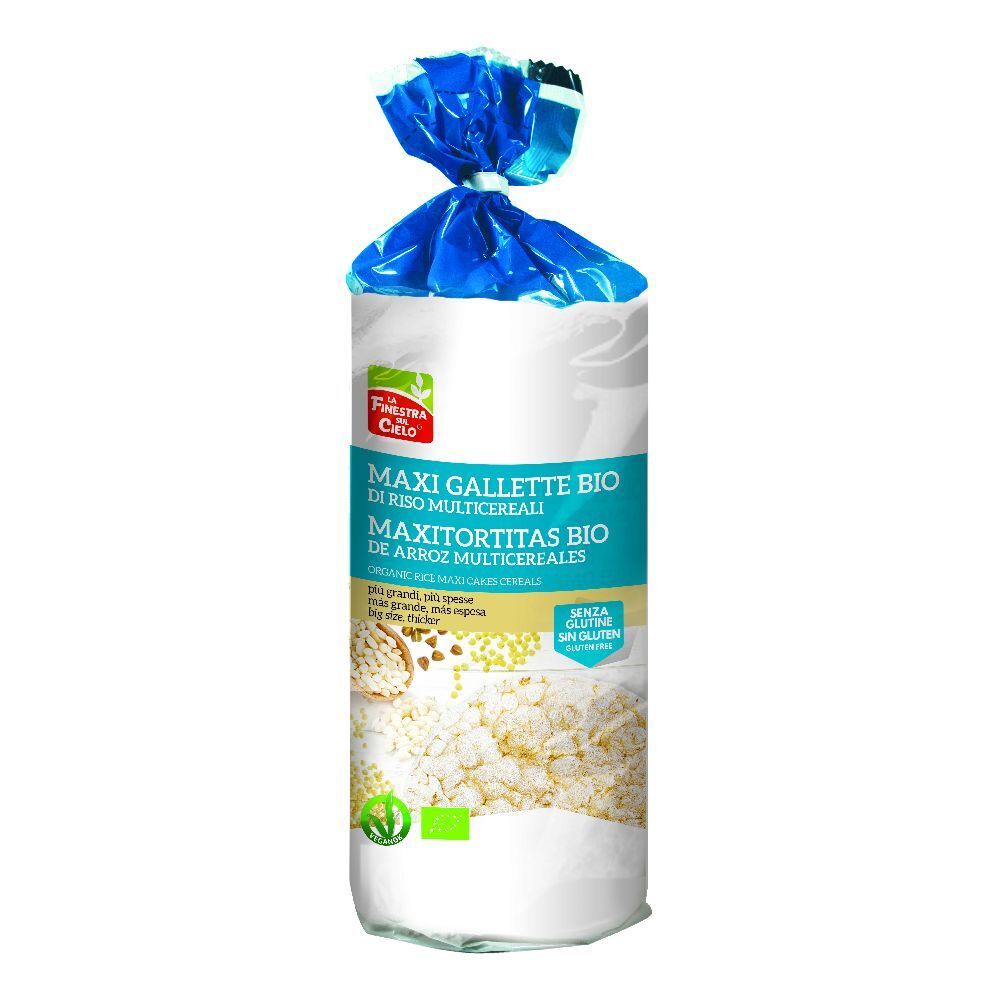 Confezione di Maxi Gallette Bio. Testo: Maxi Gallette Bio di Riso Multicereale. Senza glutine. Certificazione bio.