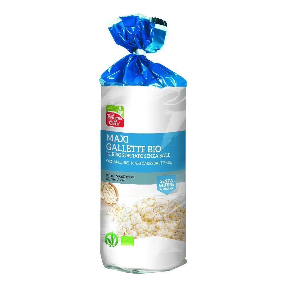 Confezione di gallette di riso. Scritta: MAXI GALLETTE BIO, senza sale, senza glutine. Certificazione bio.
