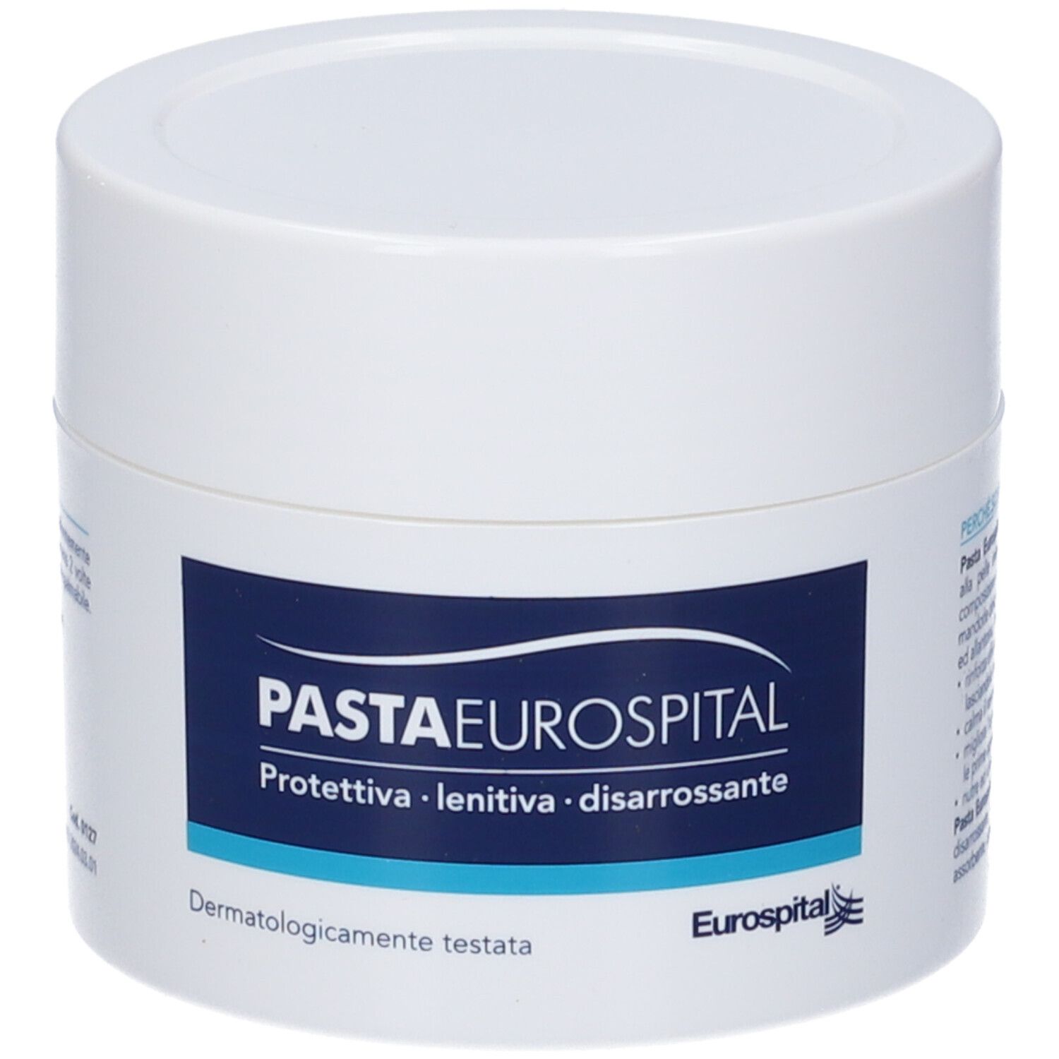 Vasetto bianco con etichetta blu. Nome del prodotto e logo ben visibili.