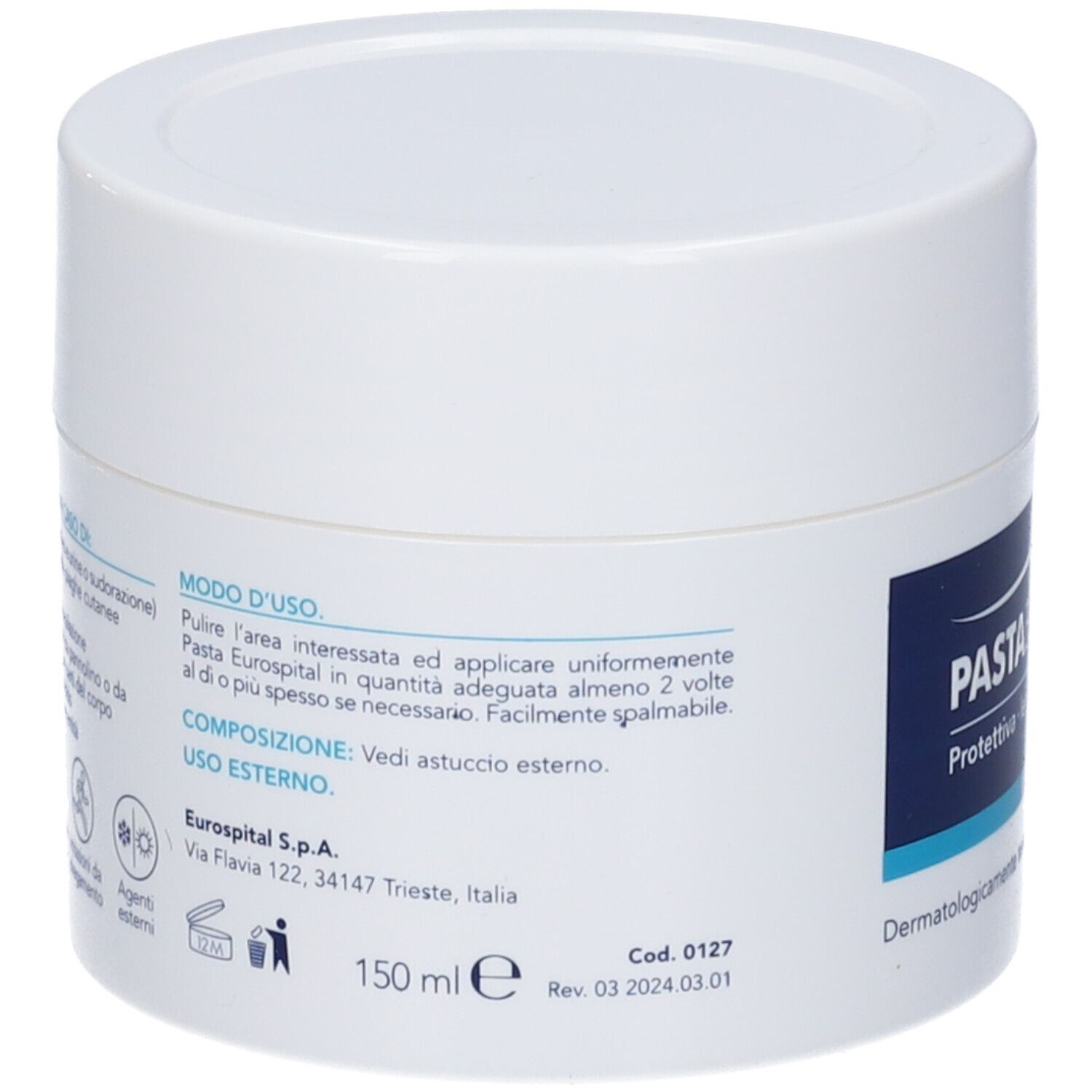 Vasetto bianco con scritte blu. Retro con testo, ingredienti e indirizzo del produttore.