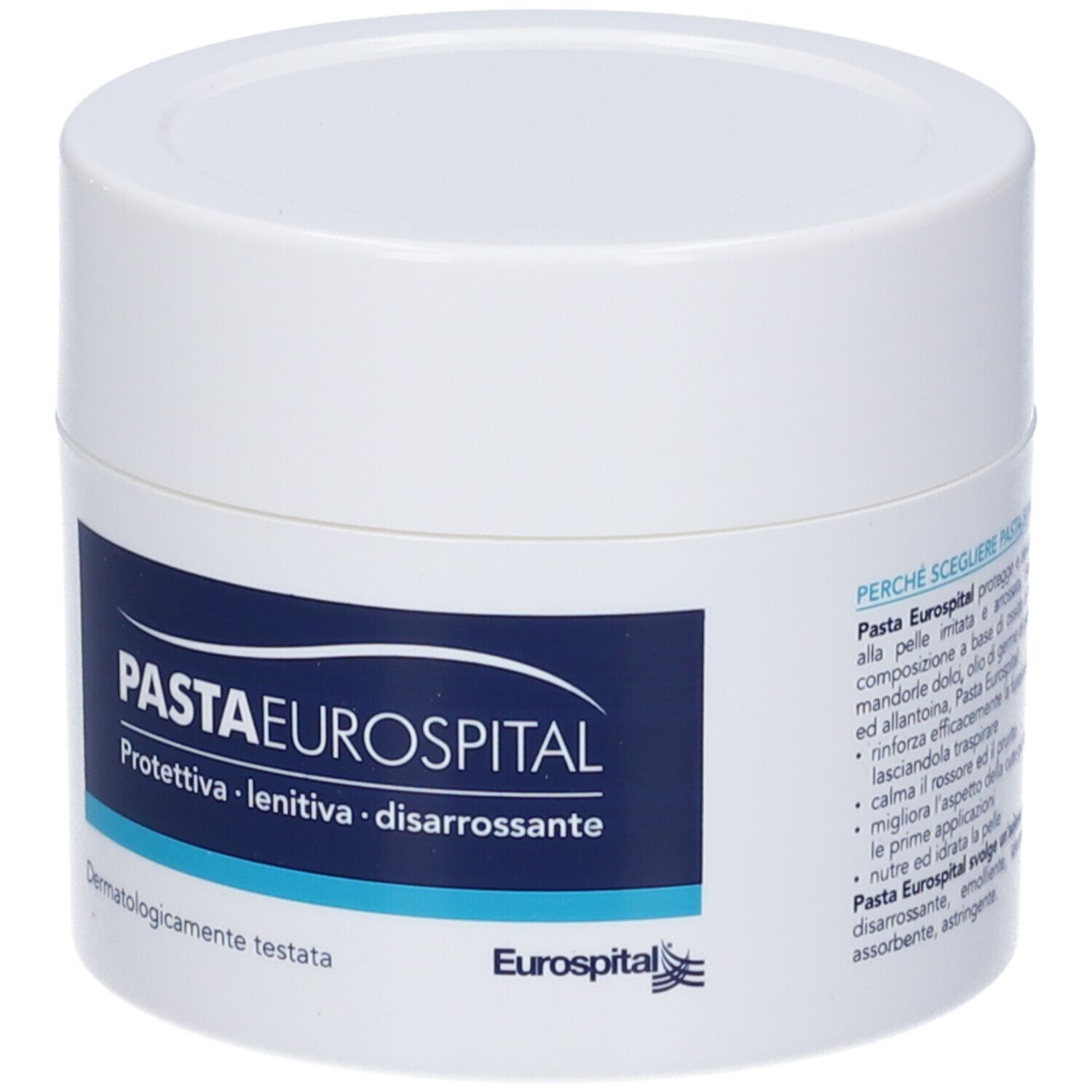 Vasetto bianco con scritte blu. Nome del prodotto e logo ben visibili.