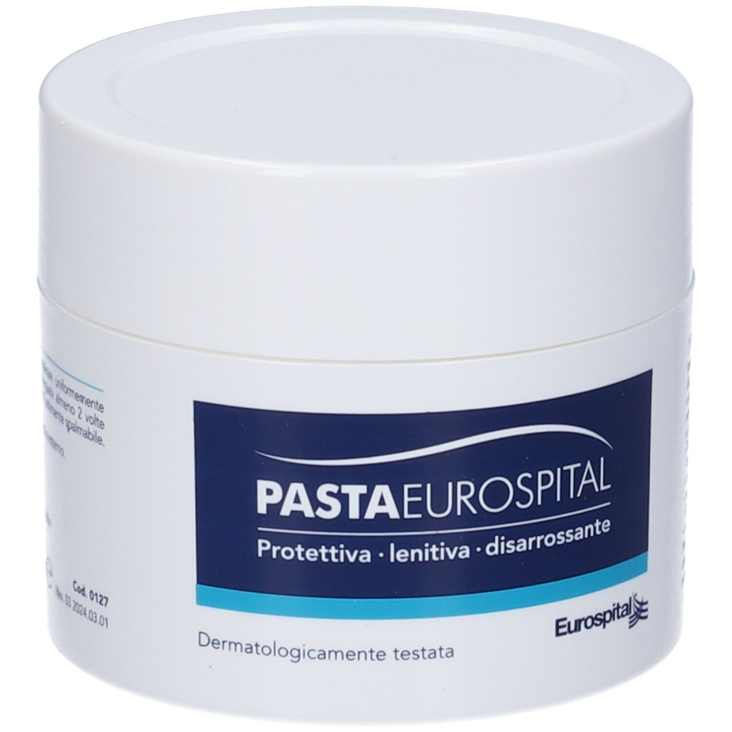 Vasetto bianco con scritte blu. Nome del prodotto e logo ben visibili.
