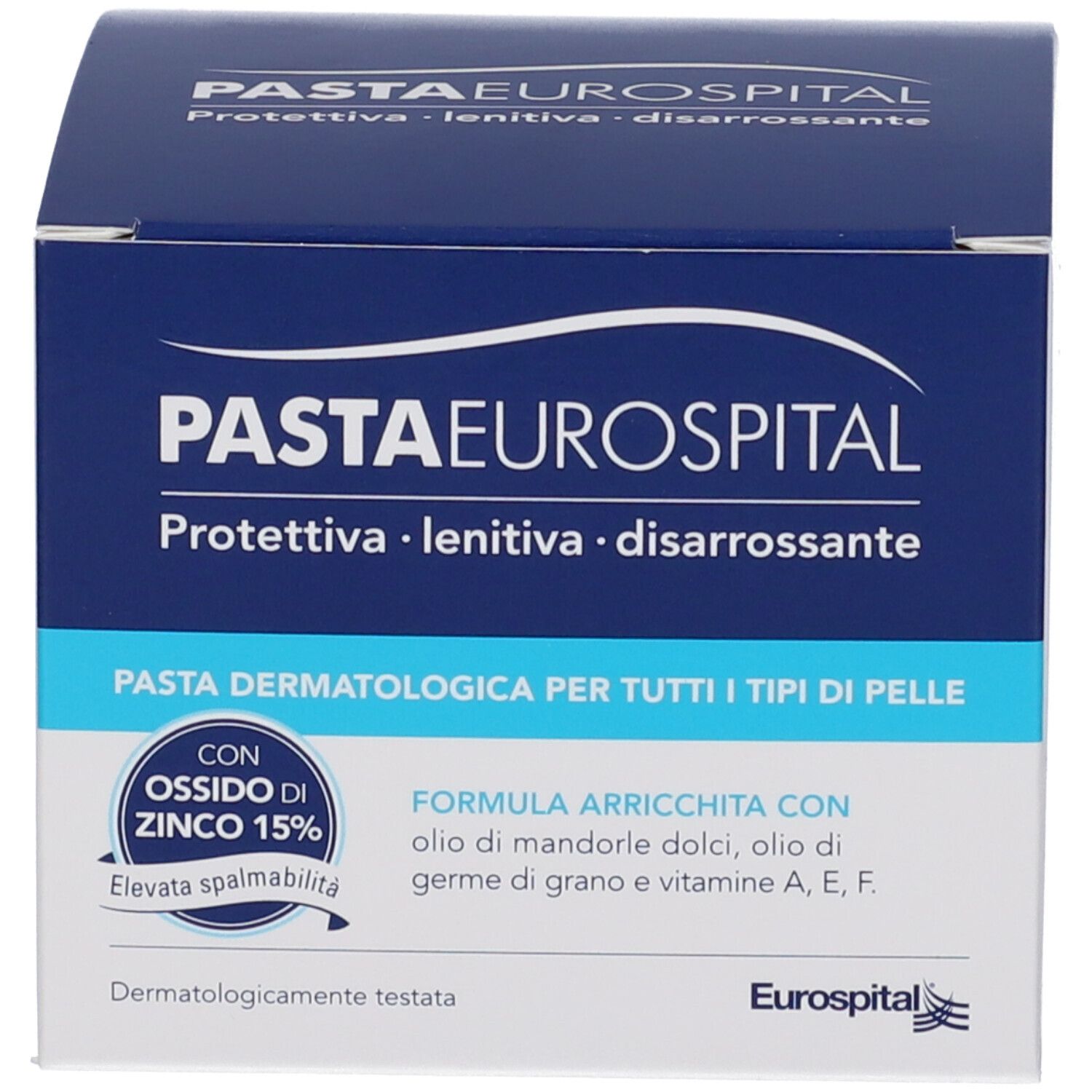 Scatola con scritte blu. Nome del prodotto, ingredienti e logo.