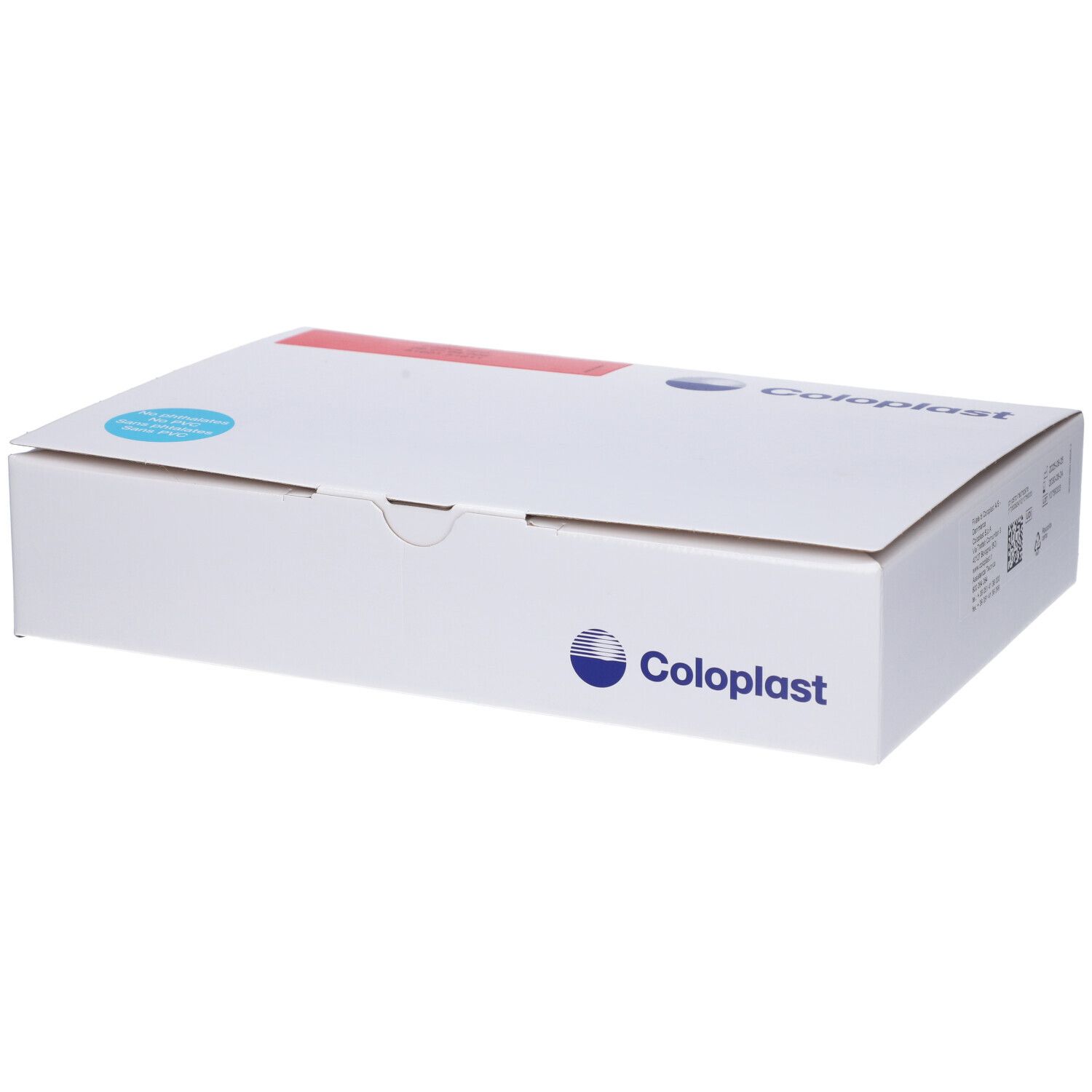 Weiße Produktverpackung mit Coloplast-Logo. Blaue und rote Akzente. Geschlossene Kartonage.