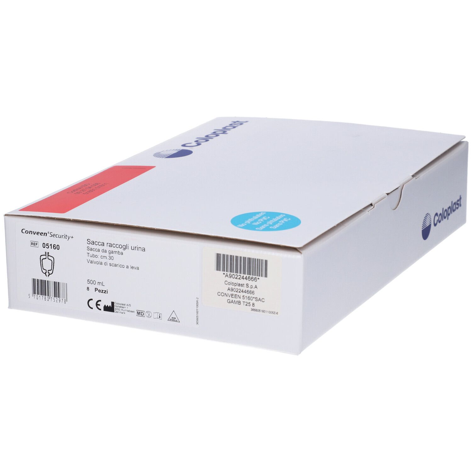 Weiße Produktverpackung mit Coloplast-Logo. Text: Sacca raccogli urina. Geschlossene Kartonage.