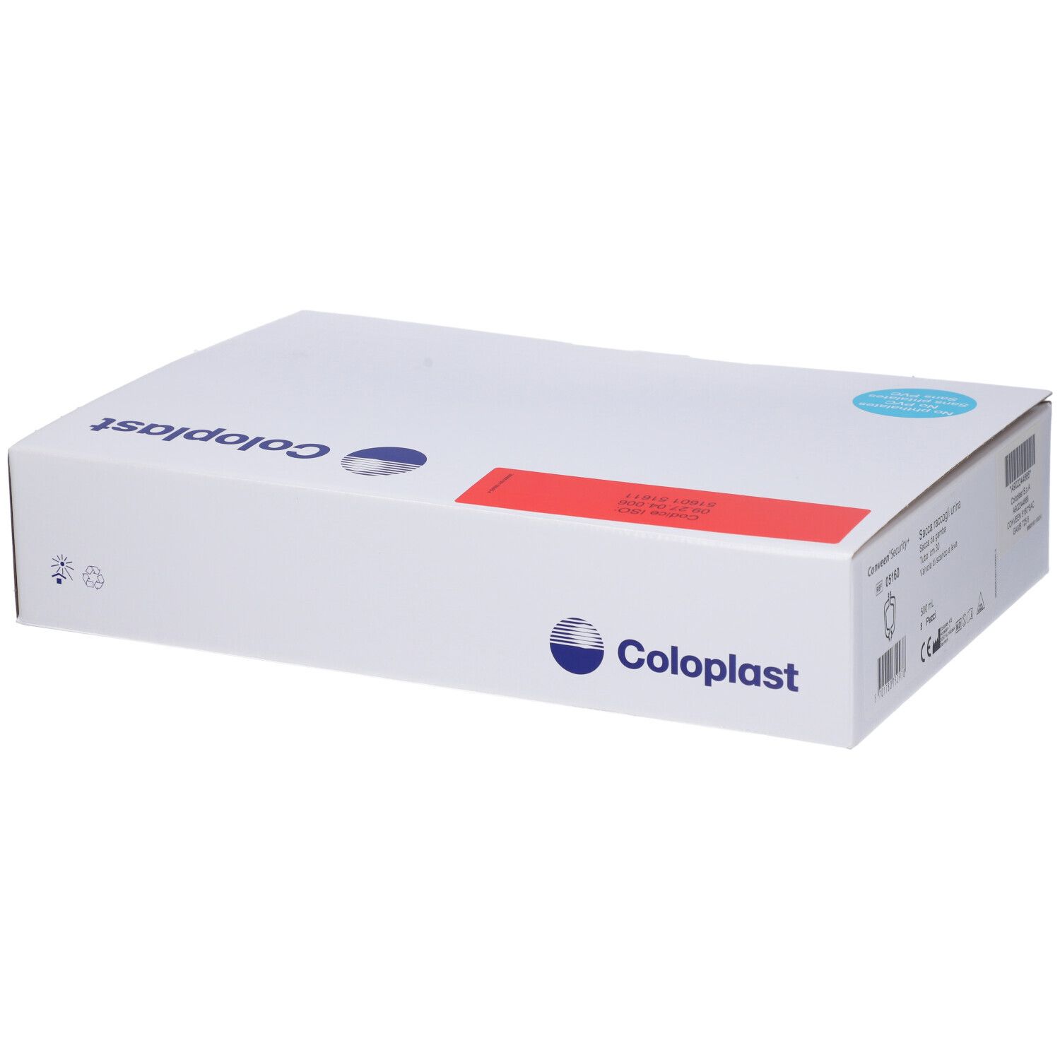 Weiße Produktverpackung mit Coloplast-Logo. Blaue und rote Akzente. Geschlossene Kartonage.